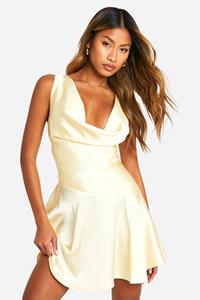 Boohoo Satin Dropped Waist Mini Dress, Lemon