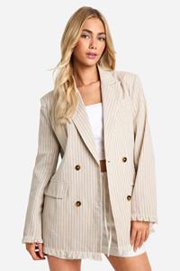 Boohoo Linen Look Frayed Hem Relaxed Fit Blazer, Natural Beige