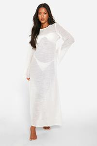 Boohoo Maxi Strand Jurk Met Lange Mouwen En Hoge Split, White