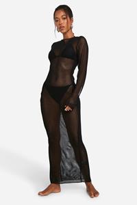 Boohoo Gehaakte Maxi Strand Jurk Met Open Rug, Black