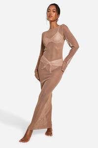 Boohoo Gehaakte Maxi Strand Jurk Met Open Rug, Mocha