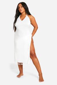 Boohoo Plus Strand Jurk Met Kwastjes En Split, White