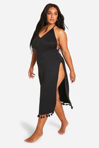 Boohoo Plus Strand Jurk Met Kwastjes En Split, Black
