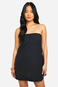 Boohoo Petite Linnen Strapless Mini Jurk, Black