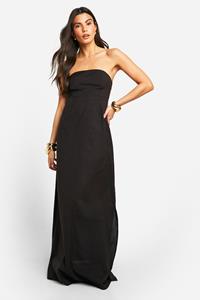 Boohoo Linnen Strapless Maxi Jurk, Black