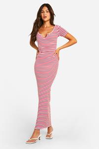 Boohoo Basic Gestreepte Geribbelde Maxi Jurk Met Inkeping, Red