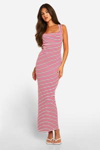 Boohoo Basic Geribbelde Gestreepte Maxi Jurk Met Vierkante Hals, Red
