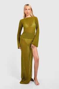 Boohoo Tall Gehaakte Top Met Rug Strik En Maxi Rok Met Split, Khaki
