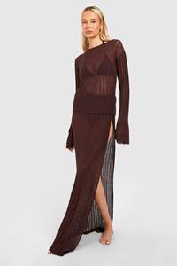Boohoo Tall Gehaakte Top Met Rug Strik En Maxi Rok Met Split, Chocolate