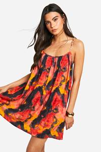 Boohoo Linnen Mini Jurk Met Kraaltjes, Opdruk, Bandjes En Bandjes, Multi