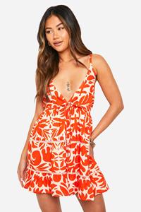Boohoo Katoenen Mini Jurk Met Abstracte Opdruk En Gehaakte Zoom, Orange