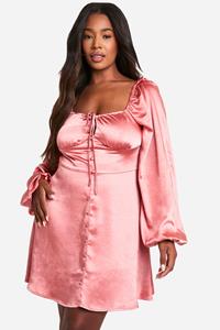 Boohoo Plus Satijnen Melkmeisjes Mini Skater Jurk Met Ballonmouwen, Rose