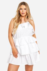 Boohoo Plus Mini Jurk Met Ruches En Laagjes, White
