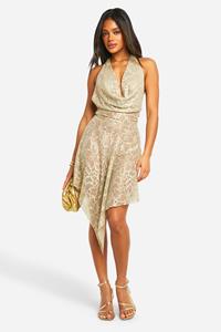 Boohoo Kanten Skater Jurk Met Losse Col En Asymmetrische Zoom, Stone