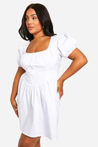 Boohoo Plus Melkmeisjes Skater Jurk Met Bengaline Pofmouwen, White
