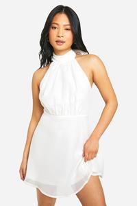 Boohoo Petite Organza Skater Jurk Met Rug Strik En Strik, White