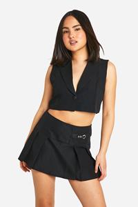 Boohoo Geplooide Tennis Rok Met Gesp Detail, Black