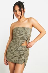Boohoo Geplooid Bloemenprint Mini Rokje Met Textuur, Khaki