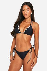 Boohoo Geplooide Driehoekige Bikini Set Met Schelpen Zoom, Black