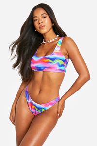 Boohoo Marmerprint Bikini Top Met Lage Ronde Hals, Illusion Blue