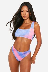 Boohoo Gekreukelde Tie Dye Bikini Top Met Lage Ronde Hals, Pink