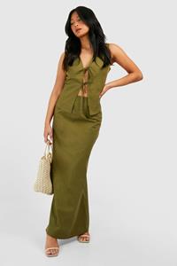 Boohoo Petite Linnen Mix Maxi Rok, Khaki