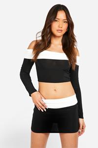 Boohoo Mini Rokje Met Contrasterende Tailleband En Omgeslagen Zoom, Black