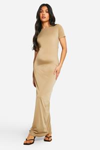 Boohoo Zwangerschap Strakke Premium Maxi Jurk Met Korte Mouwen, Light Khaki