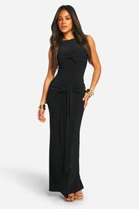 Boohoo Geplooide Gedraaide Maxi Jurk Met Racer Hals, Black