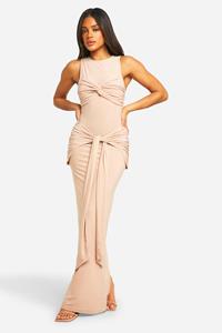 Boohoo Geplooide Gedraaide Maxi Jurk Met Racer Hals, Nude