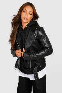 Boohoo Tall Nepleren Biker Jas Met Ceintuur, Black