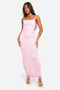 Boohoo Kanten Maxi Jurk Met Vierkante Hals En Bandjes, Baby Pink