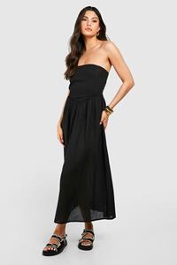 Boohoo Linnen Strapless Midaxi Jurk, Black