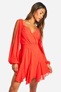 Boohoo Effen Skater Jurk Met Godet Zoom En Veters, Tomato Red