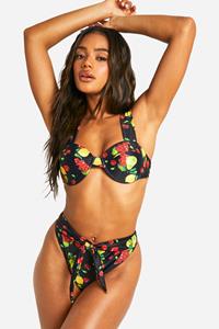 Boohoo High Waist Fruit Print Bikini Broekje Met Strik, Black