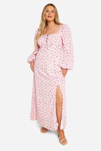 Boohoo Plus Bloemen Melkmeisjes Maxi Jurk Met Ballonmouwen, Pink