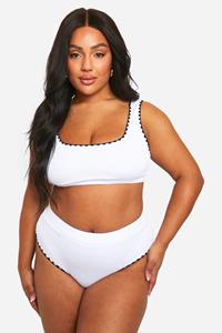 Boohoo Plus Gekreukelde High Waist Bikini Met Contrasterende Zoom, White