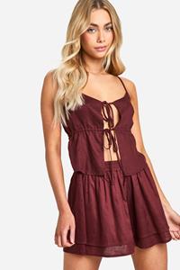 Boohoo Linnen Look Crop Top Met Bandjes En Strik, Chocolate