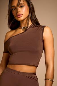 Boohoo Strakke Off Shoulder Crop Top, Chocolate