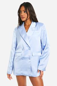 Boohoo Satijnen Long Line Blazer, Baby Blue