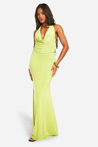 Boohoo Halter Col En Wijde Maxi Rok Met Laag Decolleté, Lime