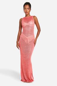 Boohoo Gebreide Glitter Strand Maxi Jurk Met Pailletten En Versierde Zoom, Coral