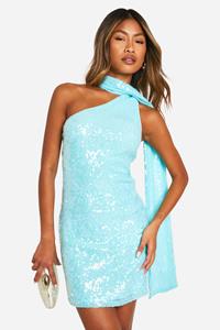 Boohoo Gedrapeerde Mini Jurk Met Pailletten En Halter Neck, Turquoise