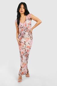Boohoo Petite Mesh Luipaardprint Bloemen Maxi Jurk Met Ruches, Natural