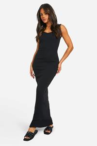 Boohoo Basic Geribbelde Maxi Jurk Met Harvormige Hals, Black
