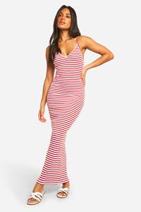 Boohoo Basic Geribbelde Gestreepte Maxi Jurk Met V-Hals, Red