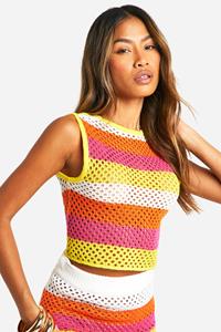 Boohoo Gestreepte Gehaakte Crop Top Met Hoge Hals, Pink