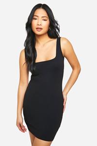 Boohoo Petite Basic Katoenen Mini Jurk Met Vierkante Hals, Black