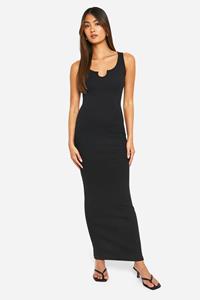Boohoo Basic Geribbelde Maxi Jurk Met Inkeping, Black