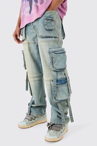 Boohoo Onbewerkte Baggy Lichtblauwe Jeans Met Cargo Bandjes En Zakken, Light Blue